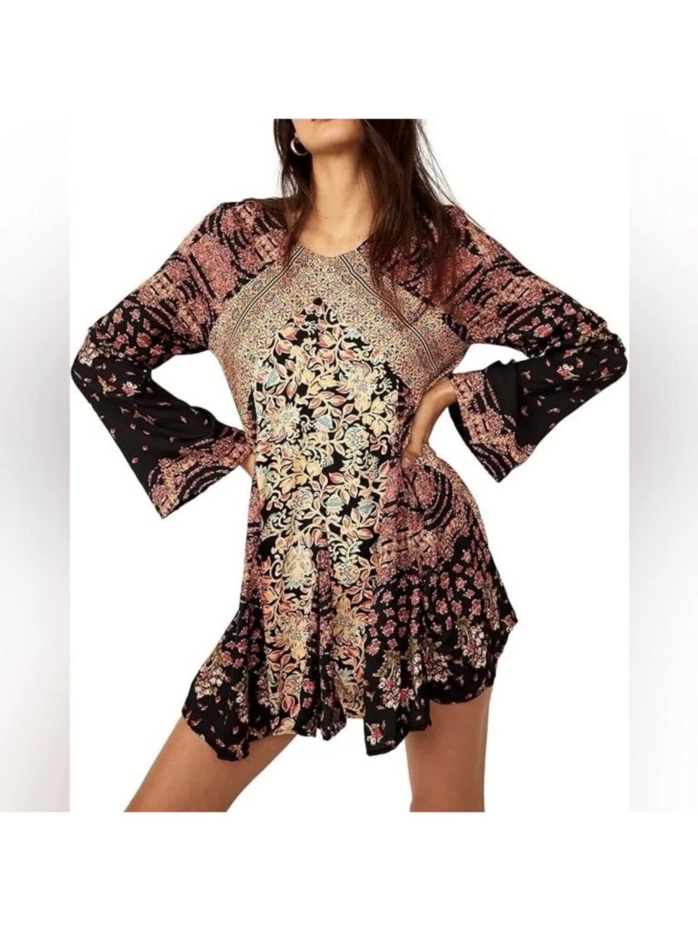 Free People Dress Stevie Floral Black Printed Mini Tunic Size L Large